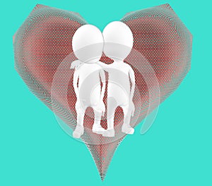 3d white character , couple togheter , heart shape background