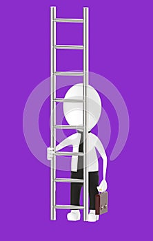 3d white character holding briefcase and standing in front of a ladder - way to climb success concept