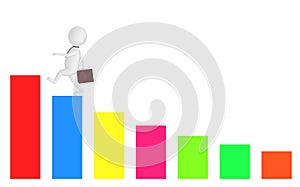 3d white character holding a briefcase and wallking on the top of a increasng statitics bar graph