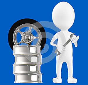 3d white character , holding wrench standing near to tyre rim