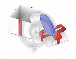 3d white character standing near to a unwrapped gift box , speech bubble above his head