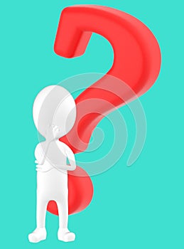 3d white character thinking in front of a question mark
