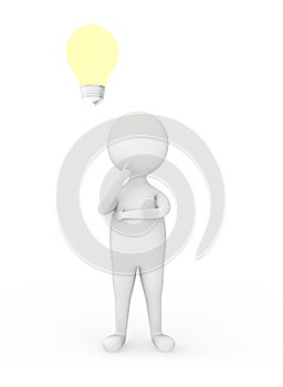 3d white character thinking with a ligh bulb near to his head concept