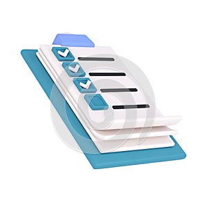 3d white clipboard icon task management todo check list on turquose plane background. Work project plan concept, fast