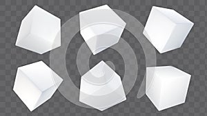 3d white cube box render vector. Solid square block icon. Blank paper package mockup set. Abstract geometry cubic