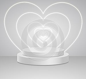 3d white cylinder podium minimal studio on neon heart background. Abstract 3d geometric shape