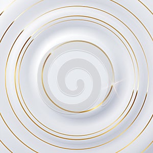 3d white figures with geometric concave and convex surface, golden shiny circular lines