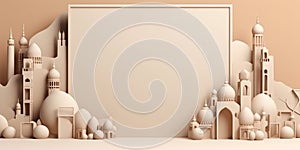 3d white gold arabic frame, ornate shape, fancy blank empty banner, elegant greeting card template, luxury arabesque design,