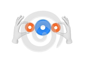 3d white human hand holds gear (cog). 3D illustration . White ba