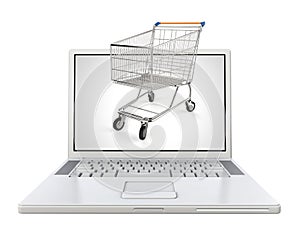 3d white laptop with shopping cart - eshop concept