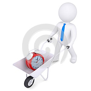 3d white man carries wheelbarrow of alarm clock