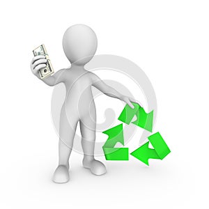 3d white man with green recycling symbol and money in hand.