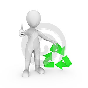 3d white man with green recycling symbol shows thumbs up gesture.