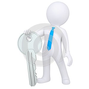 3d white man holding metal key