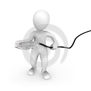 3d white man with an internet cable in hand