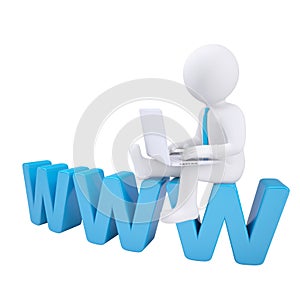 3d white man with a laptop sitting on the labels WWW