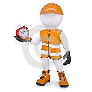 3d white man in overalls holding a alarm clock