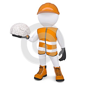 3d white man in overalls holding a brain