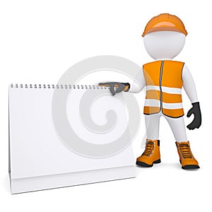 3d white man in overalls holding a calendar
