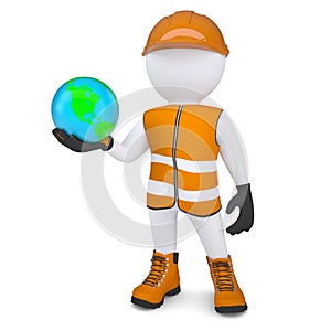 3d white man in overalls holding the Earth
