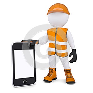 3d white man in overalls holding a smartphone