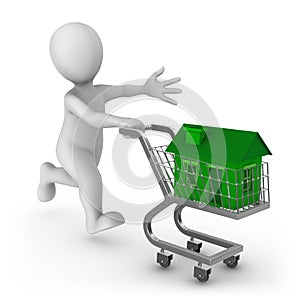 3d white man pushing a shopping cart with green house.