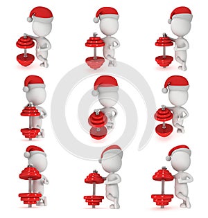 3d white man in santa claus cap stand near red dumbbell.