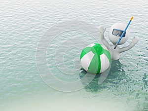 3d white people with beach ball in water.
