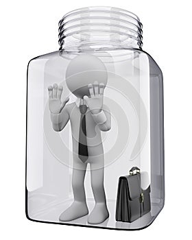 3D white people. Businessman in a glass jar