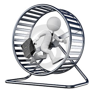 3D white people. Businessman in a hamster wheel