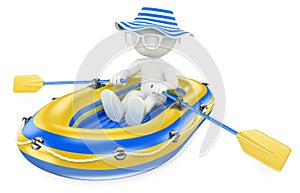 3D white people. Child paddling in an inflatable boat
