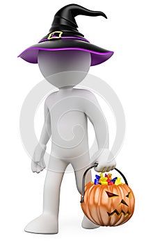 3D white people. Child with a pumpkin full of Halloween candies