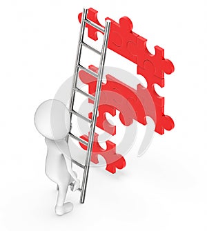 3d white people climb up with the help of a ladder towards a questionmark made up of jigsaw