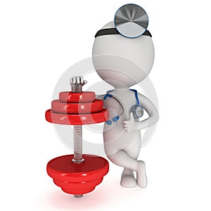 3d white people doctor with red dumbbell