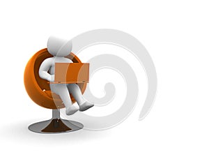 3d white people global manager seated on a chair with laptop, is
