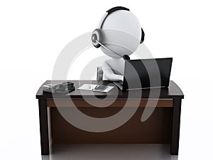 3d white people with a Headphones with Microphone and laptop.