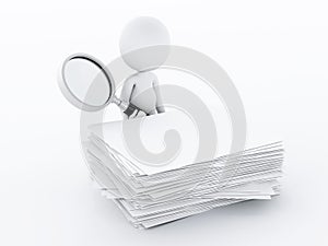 3d white people with magnifying glass examines files