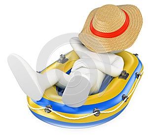 3D white people. Man napping in an inflatable boat