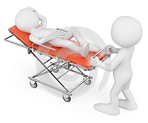 3D white people. Nurse carrying a patient on a stretcher