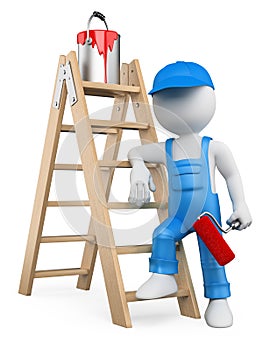 3D white people. Painter with ladder