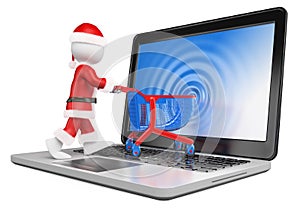 3D white people. Santa Claus entering the screen of a laptop. Ecommerce