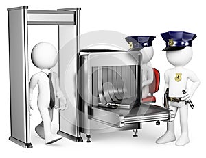 3D white people. Security control airport access. Metal detector