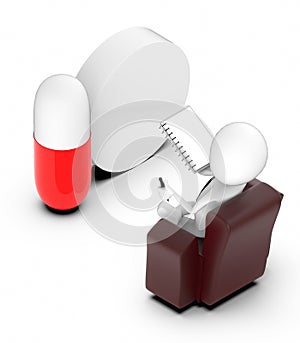 3d white people sitting on a chair holding a notepad and a pen and looking at a capsule and a pill