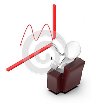 3d white people sitting on a chair holding a notepad and a pen and looking at a downfalling arrow graph