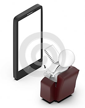 3d white people sitting on a chair holding a notepad and a pen and looking at a mobile with white screen in it