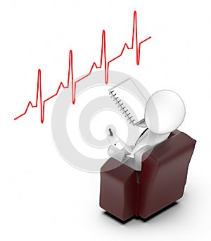 3d white people sitting on a chair holding a notepad and a pen and looking at a pulse diagnosis graph