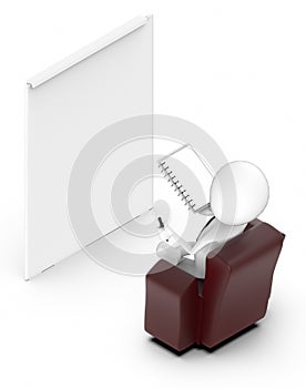 3d white people sitting on a chair holding a notepad and a pen and looking at a white blank board