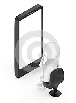 3d white people sitting in a chair and looking at a movile with white empty screen