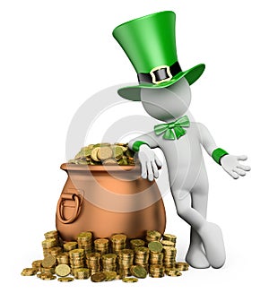 3D white people. St patricks day. Leprechaun with pot with gold