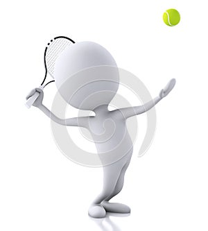 3d white people with tennis racket and ball. white back